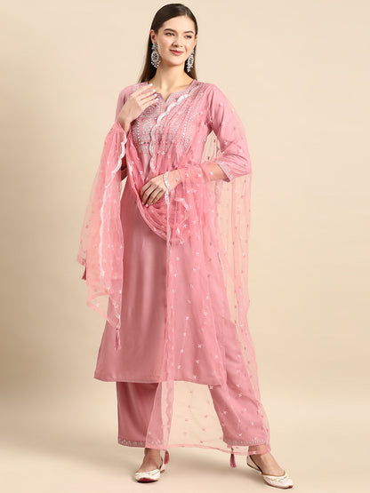 Mauve Embroidered Straight Kurta With Palazzo And Net Dupatta