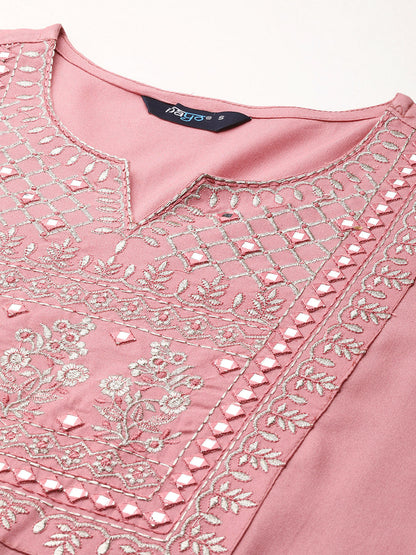 Mauve Embroidered Straight Kurta With Palazzo And Net Dupatta