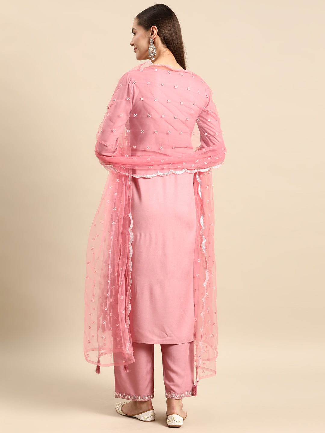 Mauve Embroidered Straight Kurta With Palazzo And Net Dupatta