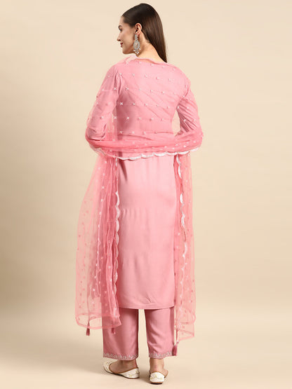Mauve Embroidered Straight Kurta With Palazzo And Net Dupatta