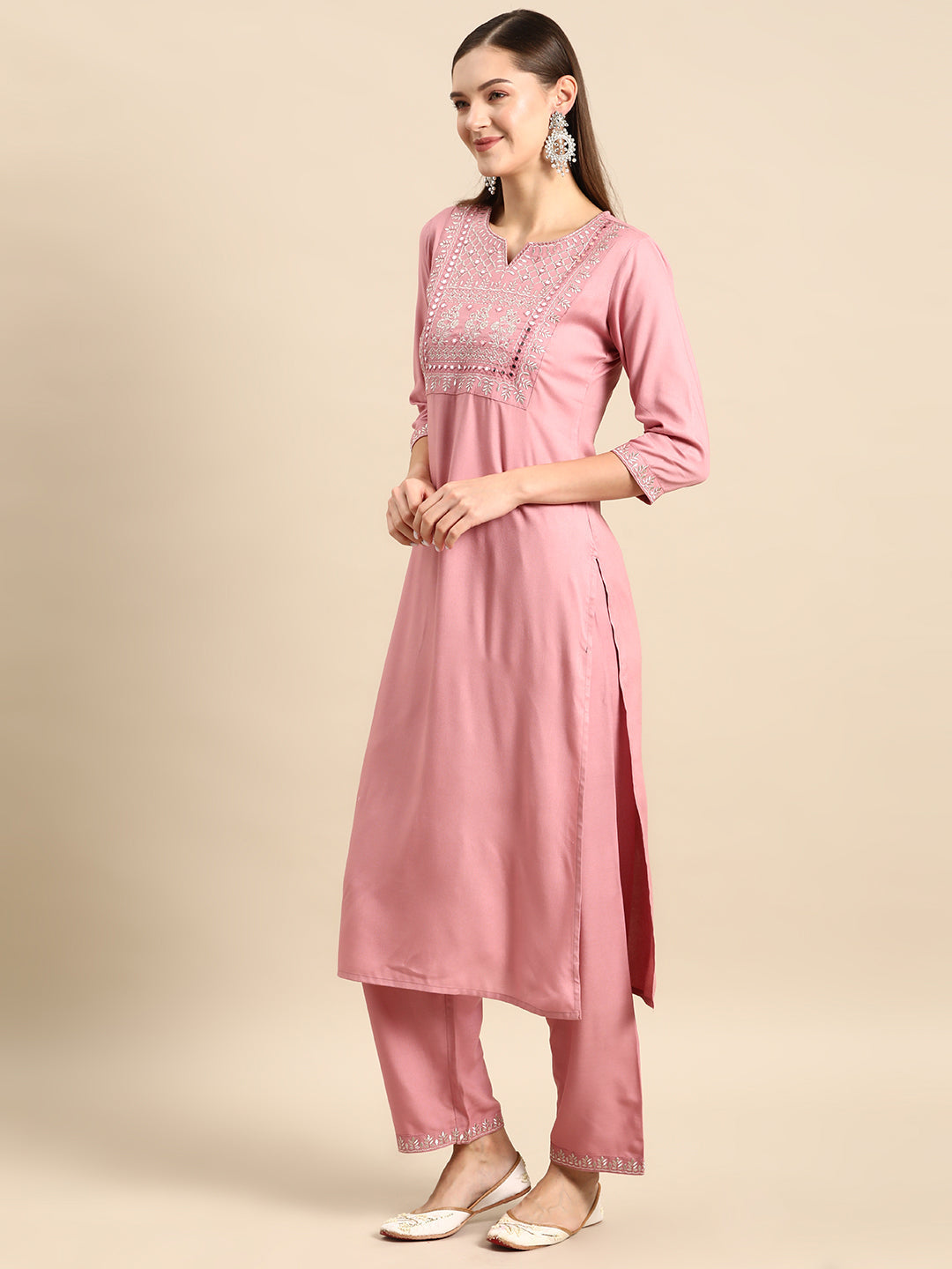 Mauve Embroidered Straight Kurta With Palazzo And Net Dupatta