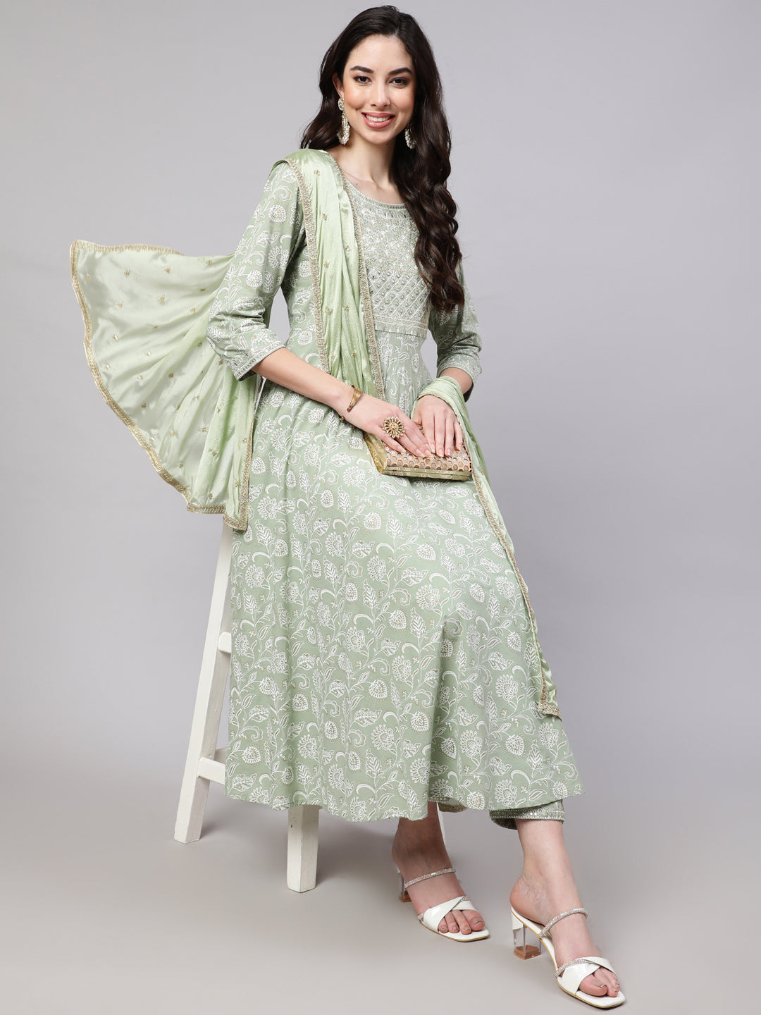 Green Embroidered Flared Kurta With Trouser And Dupatta