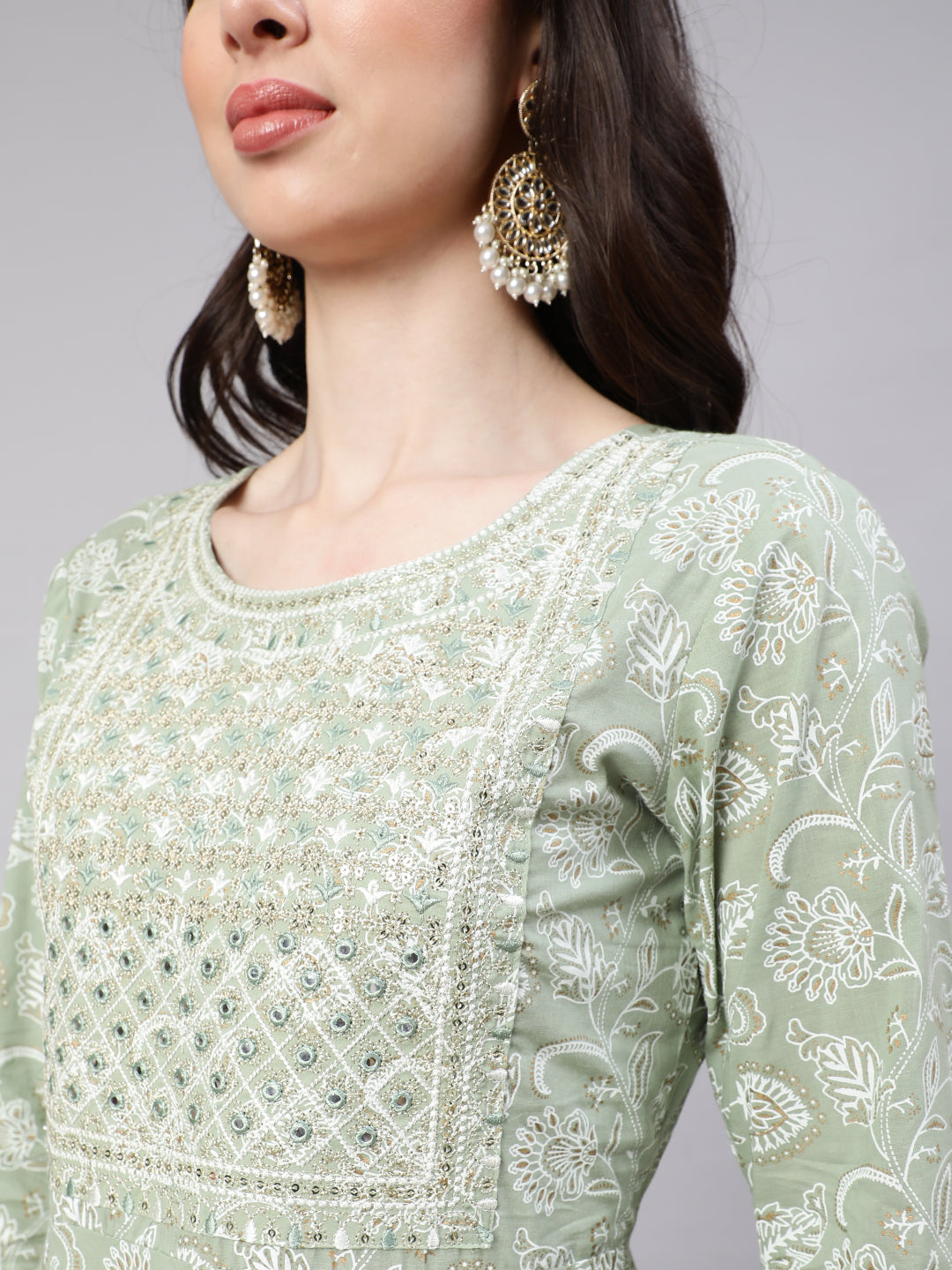 Green Embroidered Flared Kurta With Trouser And Dupatta
