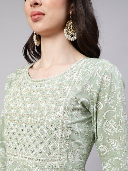 Green Embroidered Flared Kurta With Trouser And Dupatta