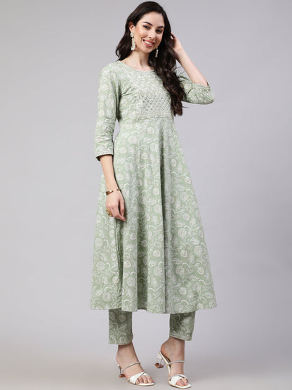 Green Embroidered Flared Kurta With Trouser And Dupatta