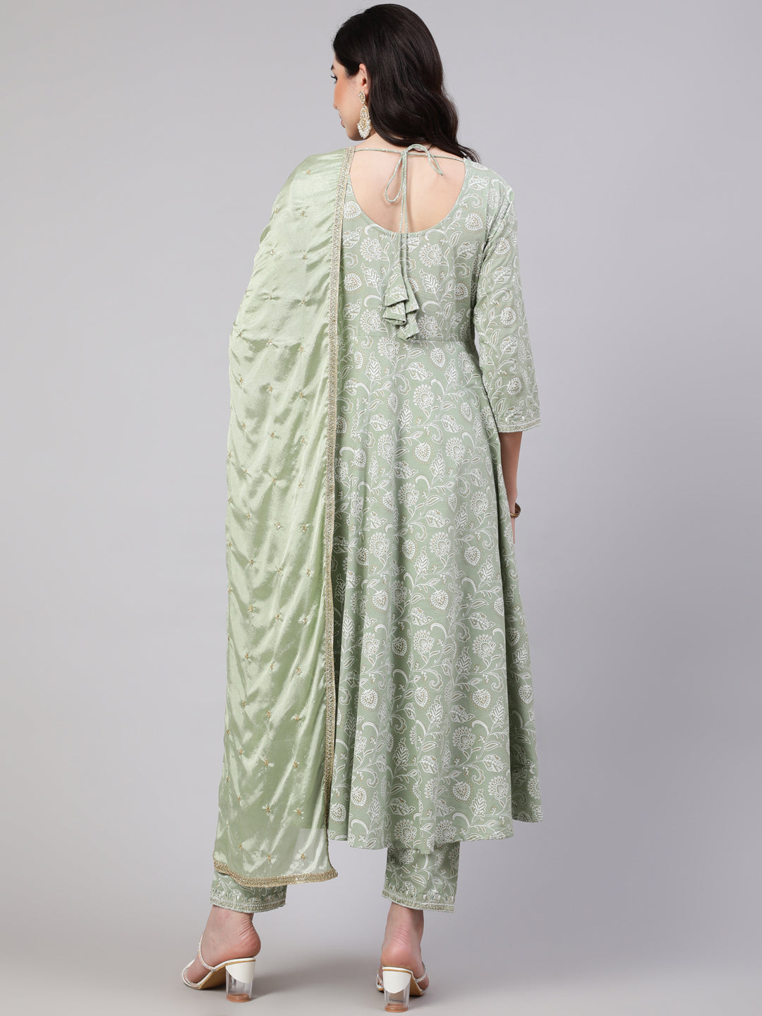 Green Embroidered Flared Kurta With Trouser And Dupatta