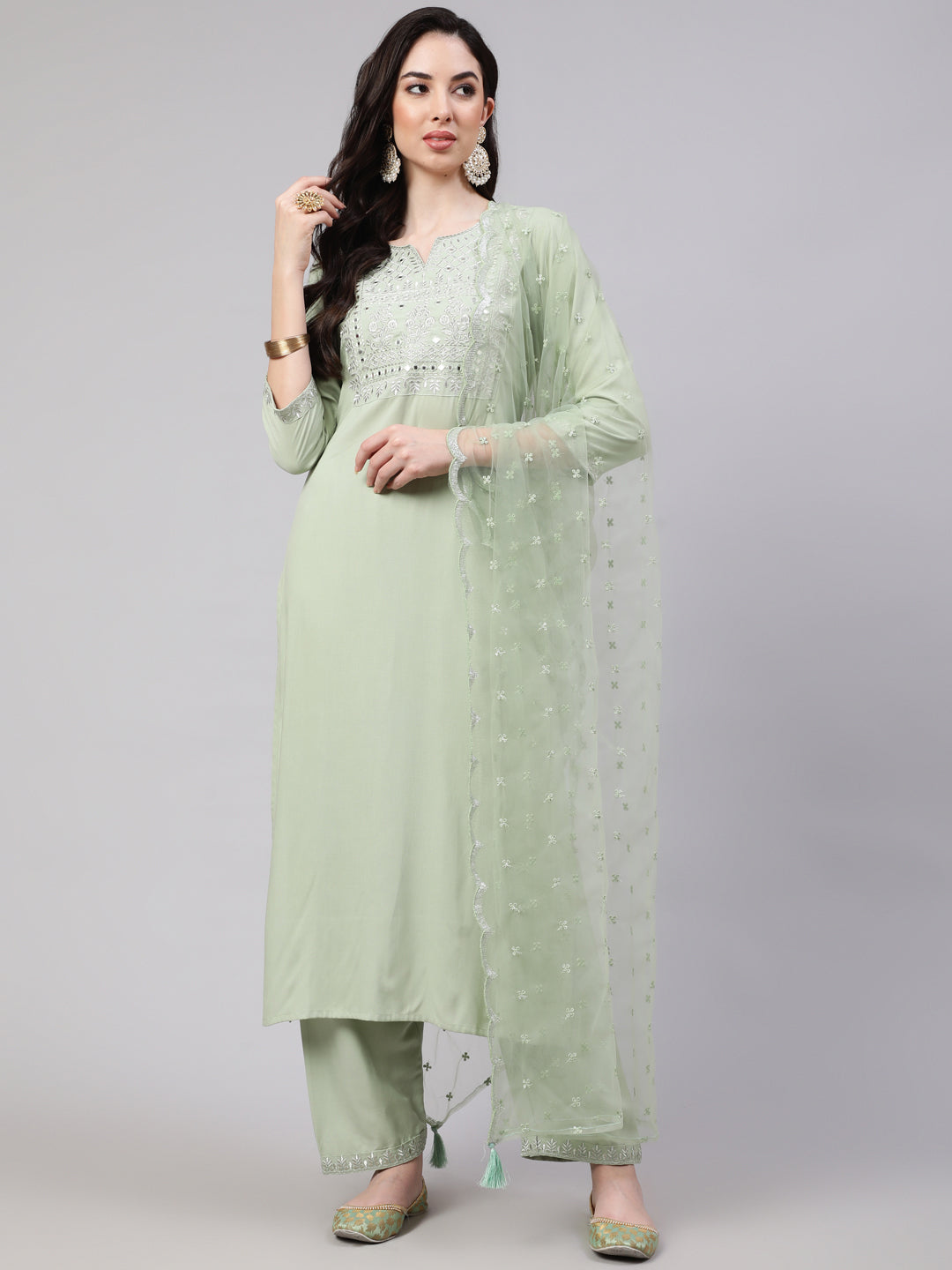 Green Embroidered Straight Kurta With Palazzo And Dupatta