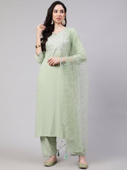 Green Embroidered Straight Kurta With Palazzo And Dupatta