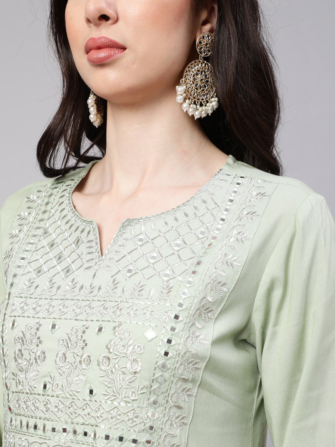 Green Embroidered Straight Kurta With Palazzo And Dupatta