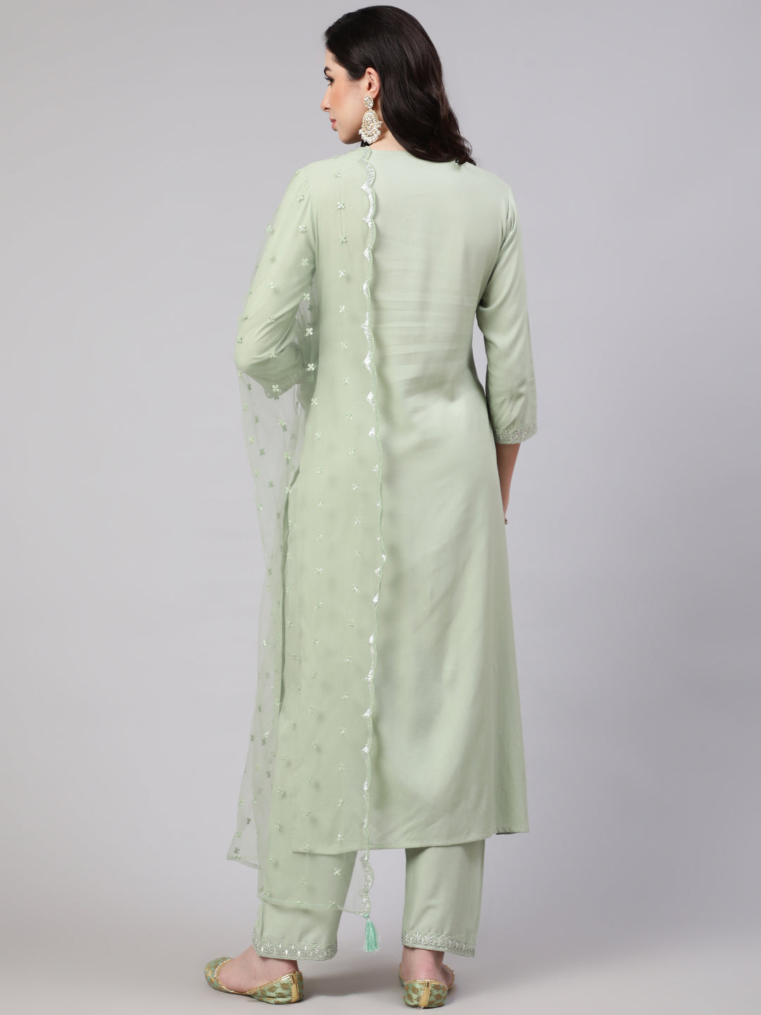 Green Embroidered Straight Kurta With Palazzo And Dupatta