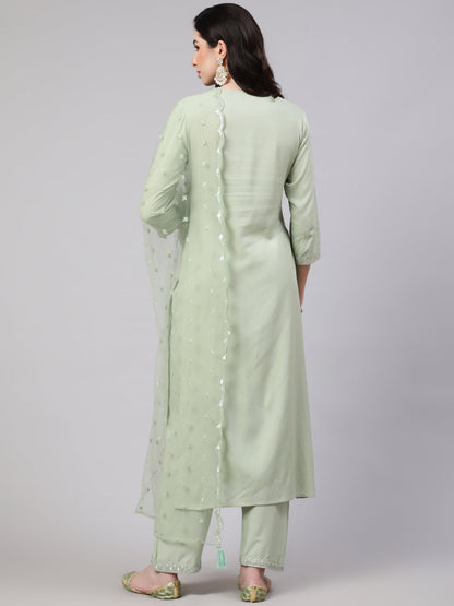 Green Embroidered Straight Kurta With Palazzo And Dupatta