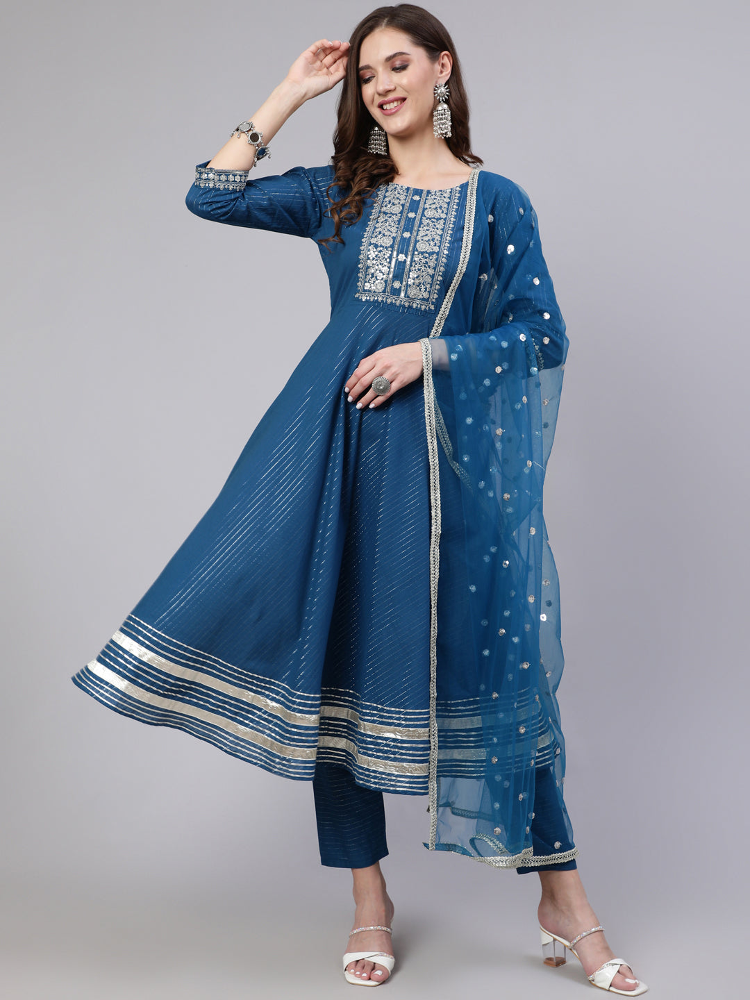 Teal Blue Embroidered Flared Kurta With Trouser And Dupatta