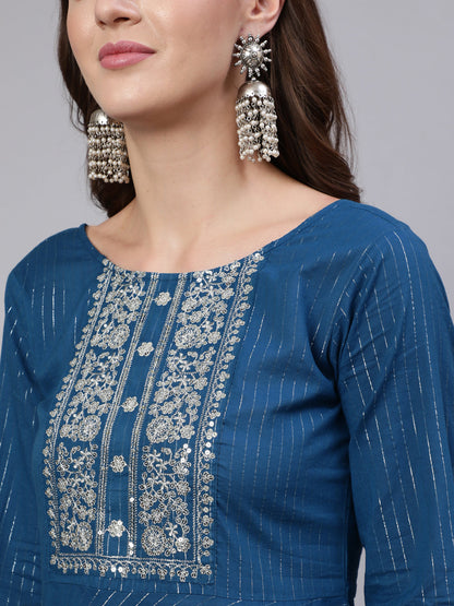 Teal Blue Embroidered Flared Kurta With Trouser And Dupatta