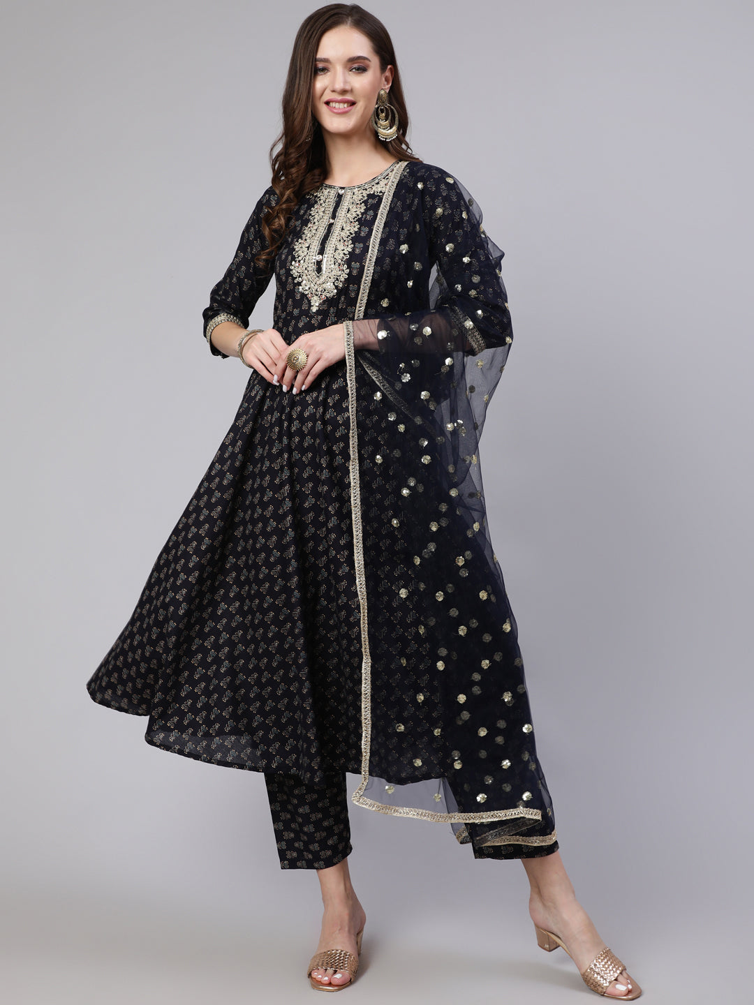Navy Blue Embroidered Flared Kurta With Trouser And Dupatta