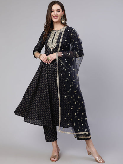 Navy Blue Embroidered Flared Kurta With Trouser And Dupatta
