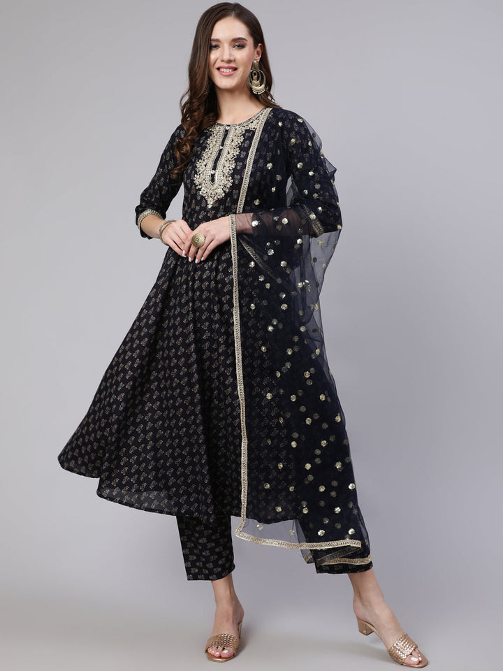 Navy Blue Embroidered Flared Kurta With Trouser And Dupatta