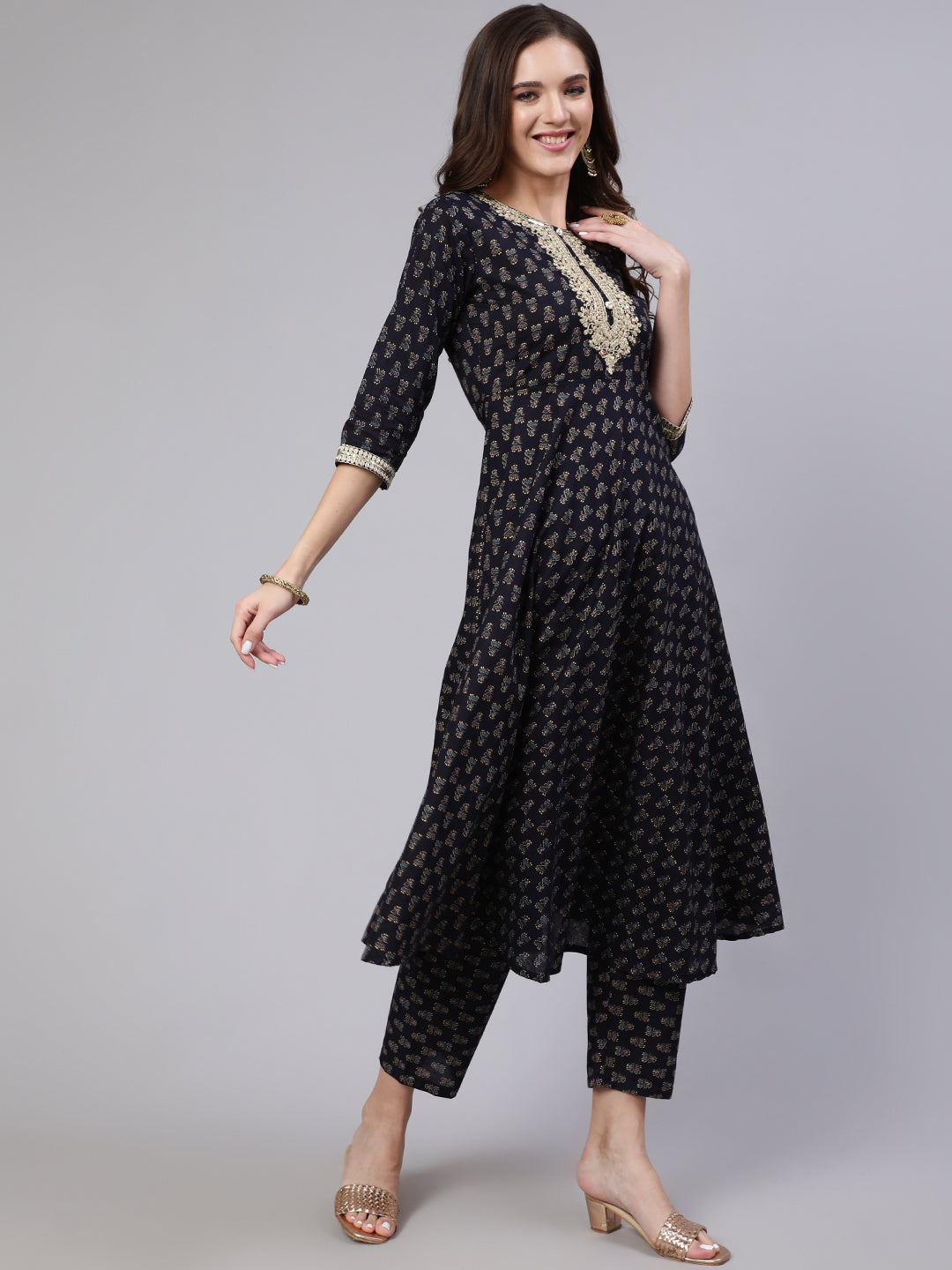 Navy Blue Embroidered Flared Kurta With Trouser And Dupatta
