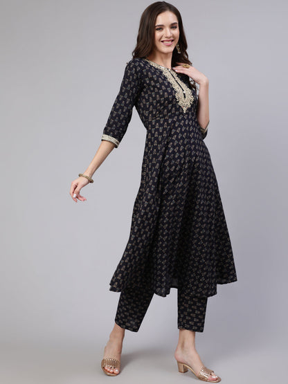 Navy Blue Embroidered Flared Kurta With Trouser And Dupatta