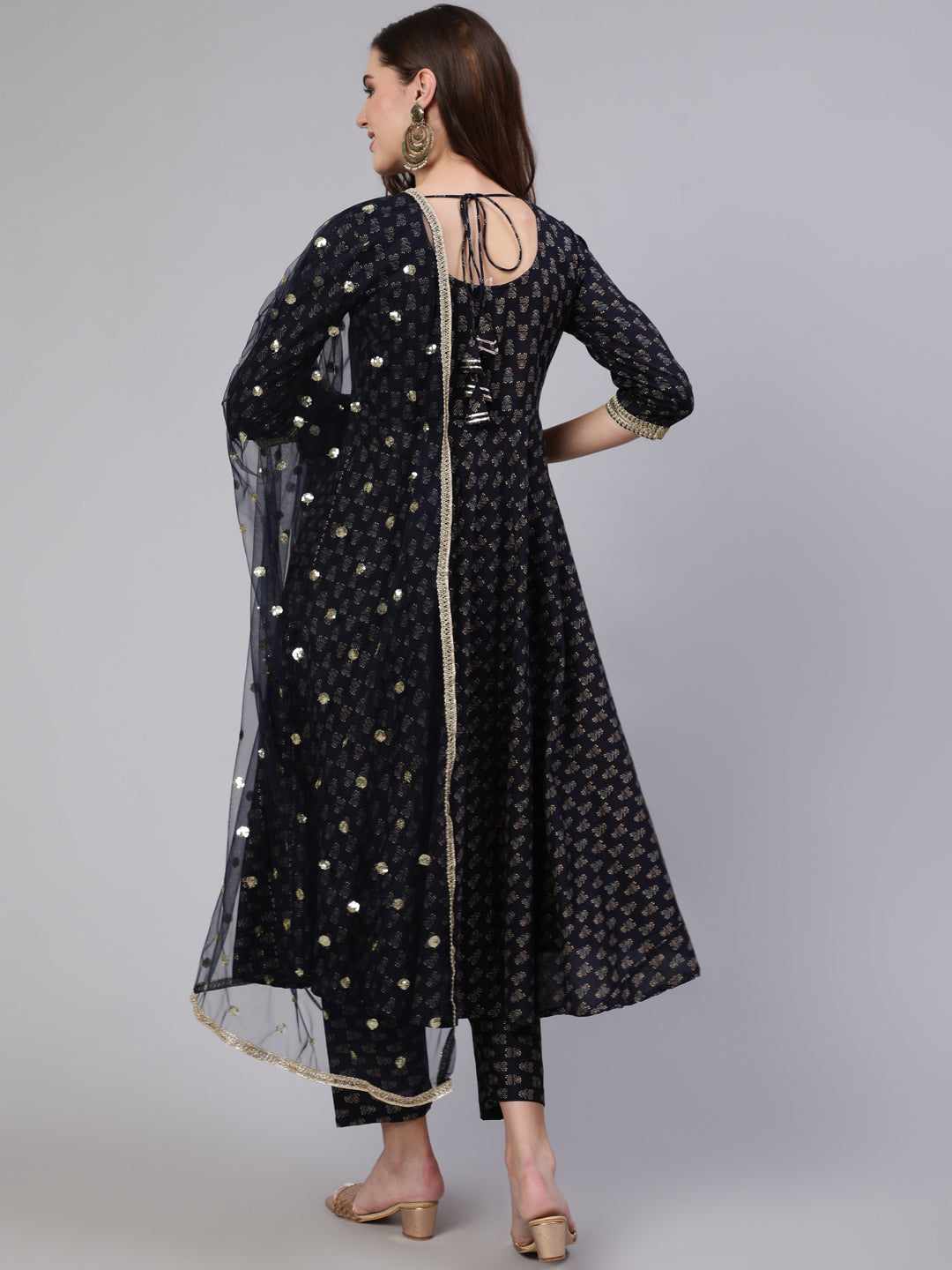 Navy Blue Embroidered Flared Kurta With Trouser And Dupatta