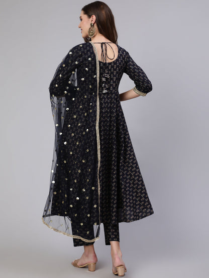 Navy Blue Embroidered Flared Kurta With Trouser And Dupatta