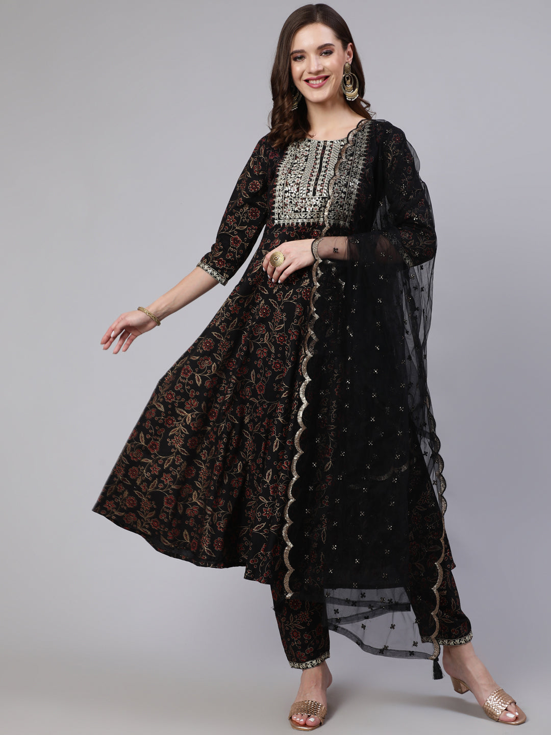Black Embroidered Flared Kurta With Trouser And Dupatta