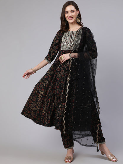 Black Embroidered Flared Kurta With Trouser And Dupatta