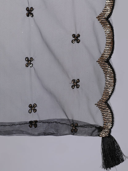 Black Embroidered Flared Kurta With Trouser And Dupatta