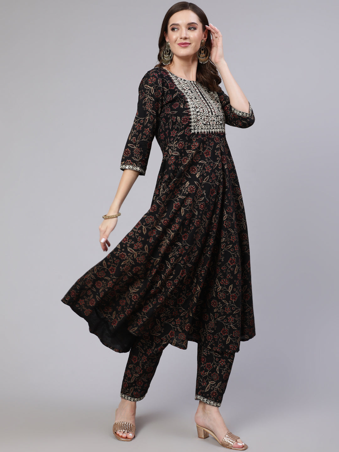 Black Embroidered Flared Kurta With Trouser And Dupatta