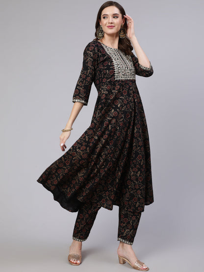 Black Embroidered Flared Kurta With Trouser And Dupatta