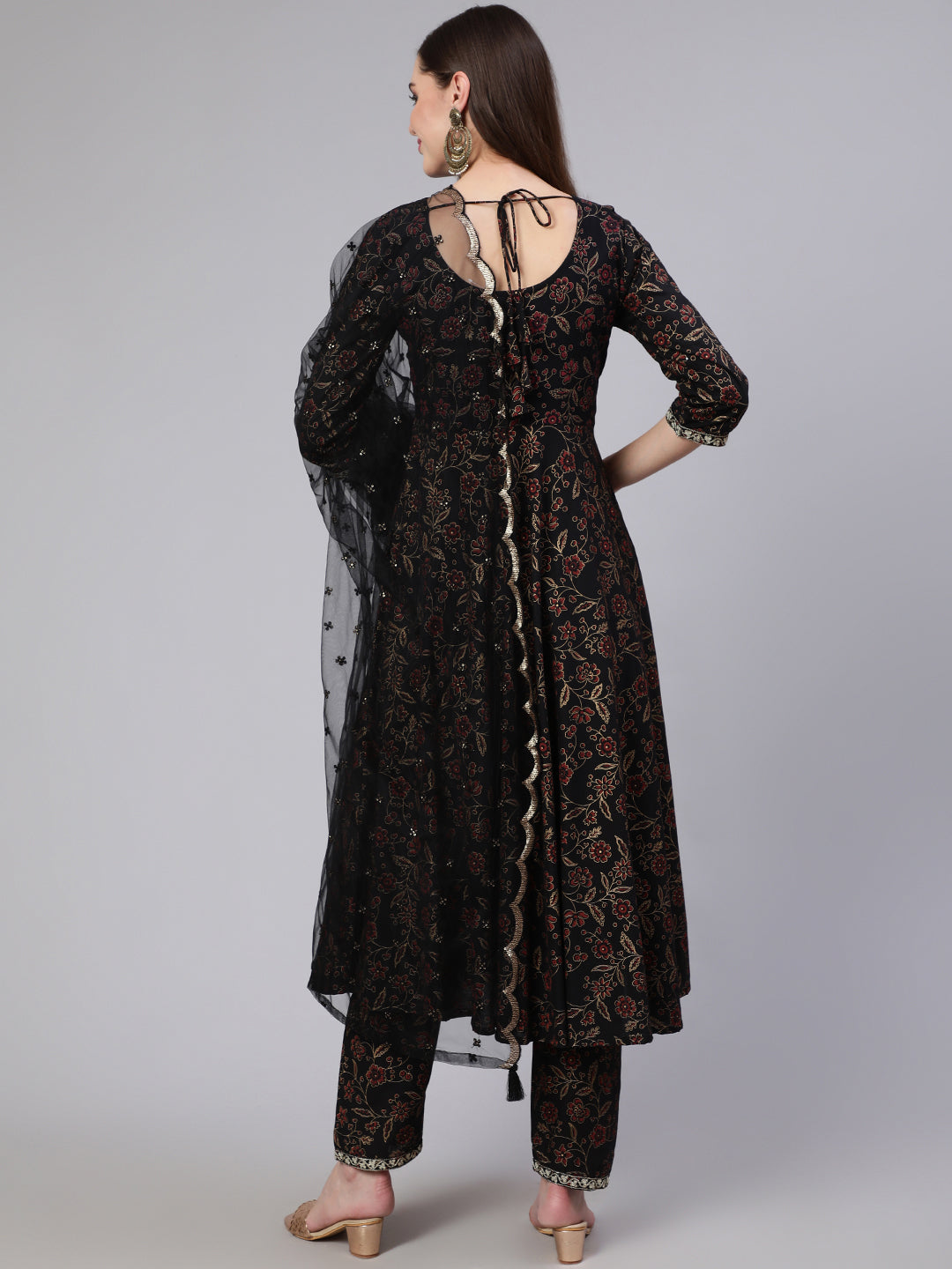 Black Embroidered Flared Kurta With Trouser And Dupatta