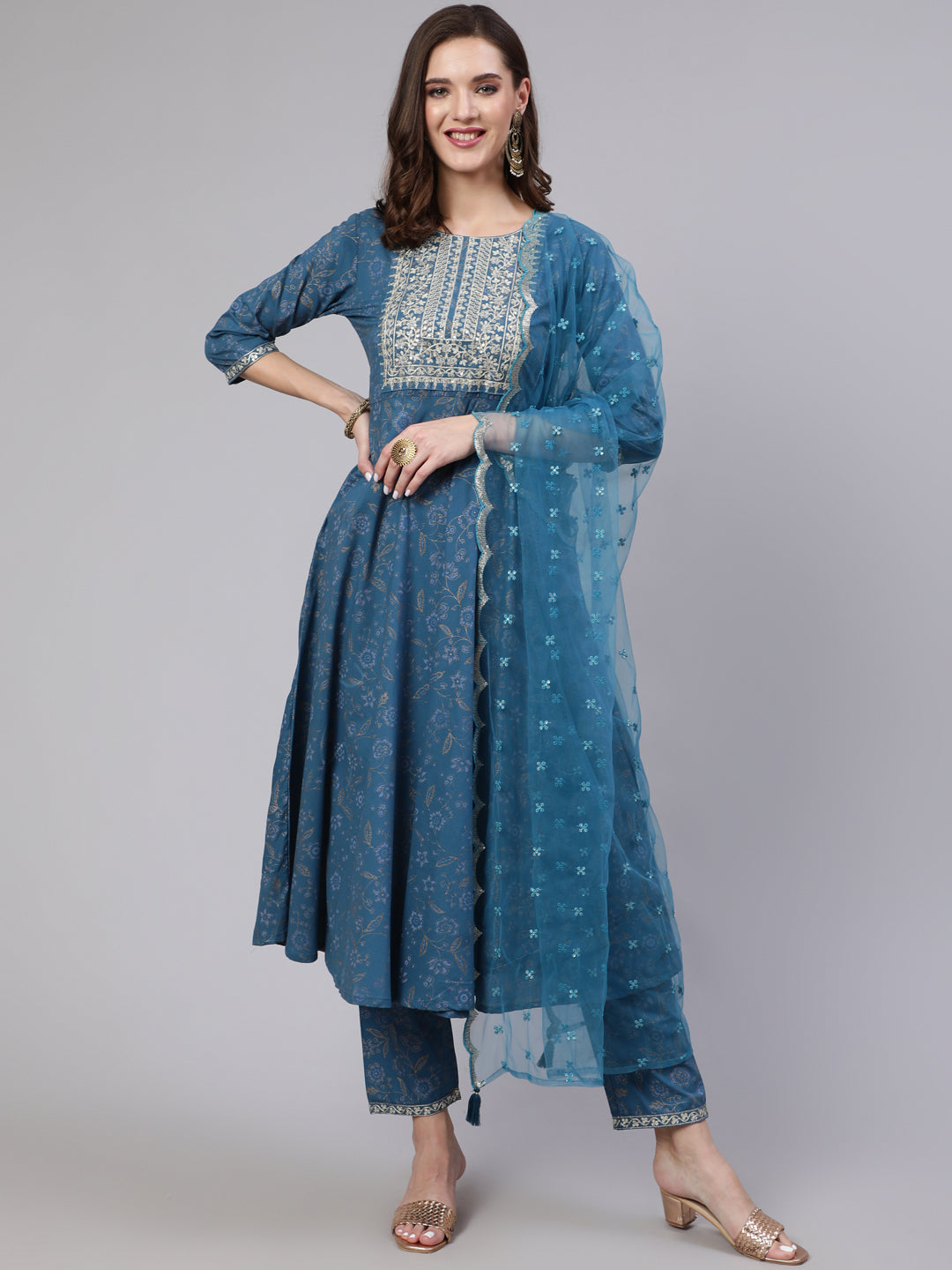 Blue Embroidered Flared Kurta With Trouser And Dupatta