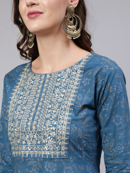 Blue Embroidered Flared Kurta With Trouser And Dupatta