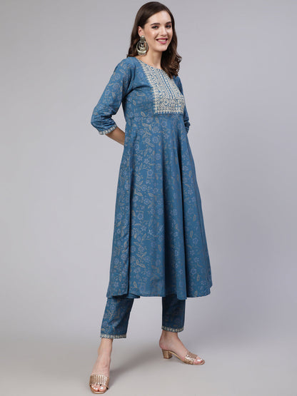 Blue Embroidered Flared Kurta With Trouser And Dupatta