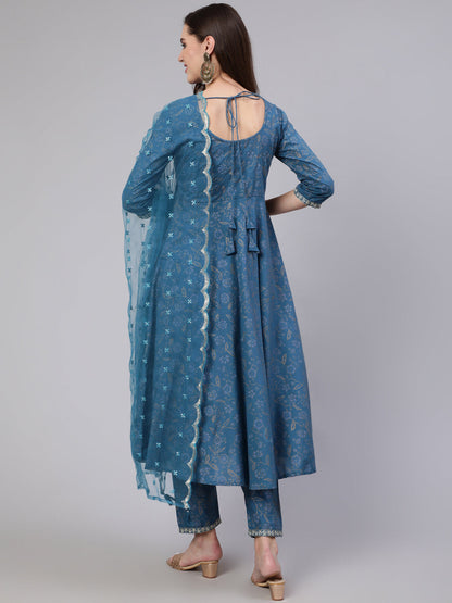 Blue Embroidered Flared Kurta With Trouser And Dupatta