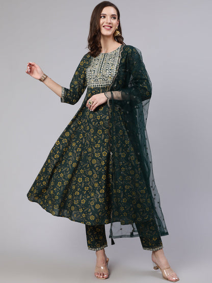 Green Embroidered Flared Kurta With Trouser And Dupatta