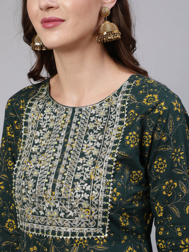Green Embroidered Flared Kurta With Trouser And Dupatta
