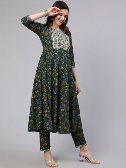 Green Embroidered Flared Kurta With Trouser And Dupatta