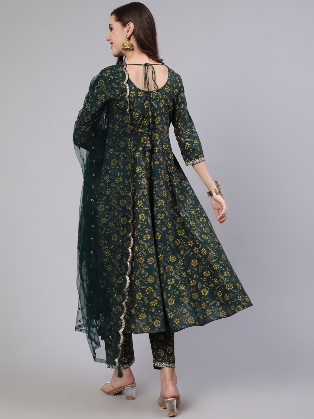 Green Embroidered Flared Kurta With Trouser And Dupatta