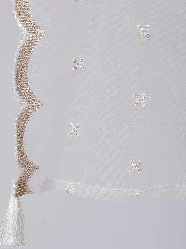 White Embroidered Flared Kurta With Trouser And Dupatta