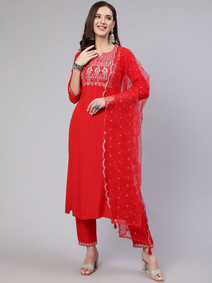 Red Embroidered Straight Kurta With Palazzo And Net Dupatta