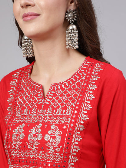 Red Embroidered Straight Kurta With Palazzo And Net Dupatta