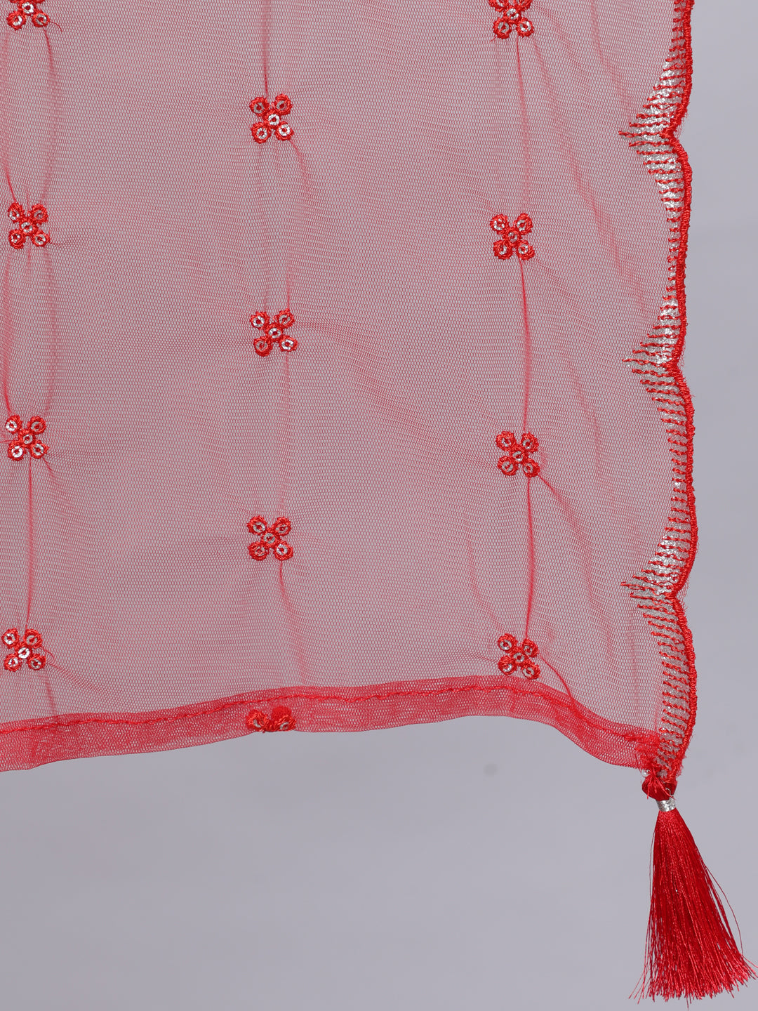 Red Embroidered Straight Kurta With Palazzo And Net Dupatta