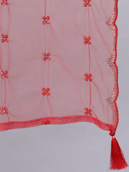 Red Embroidered Straight Kurta With Palazzo And Net Dupatta