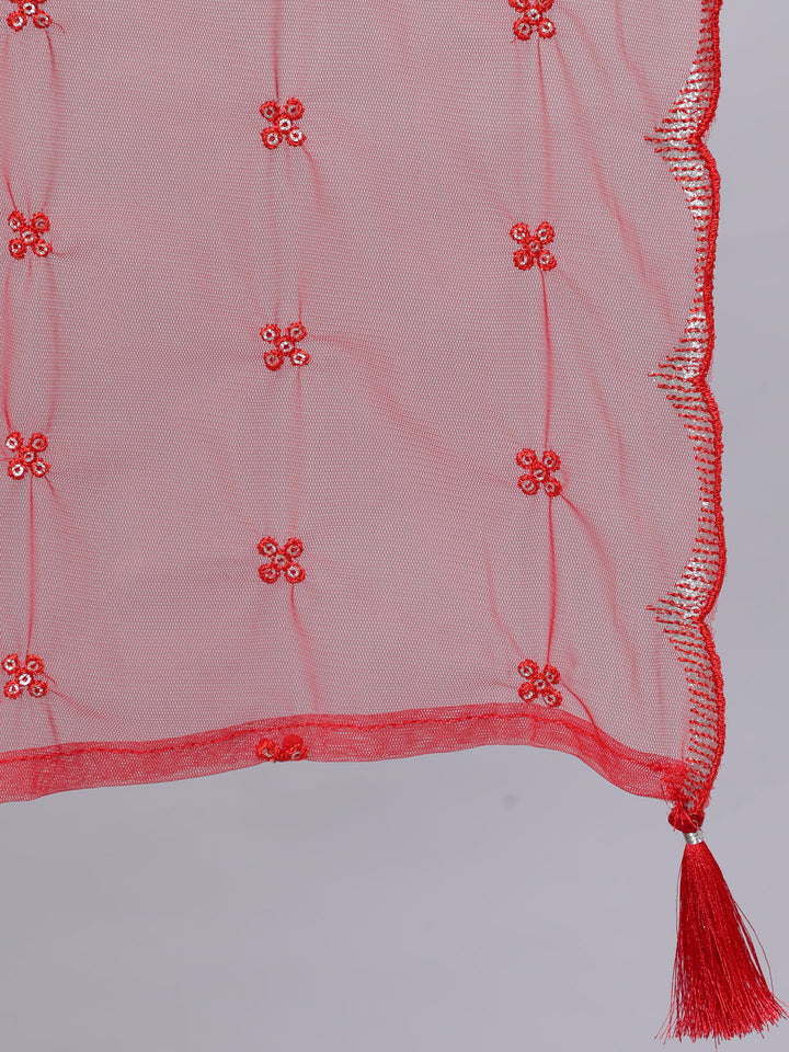 Red Embroidered Straight Kurta With Palazzo And Net Dupatta