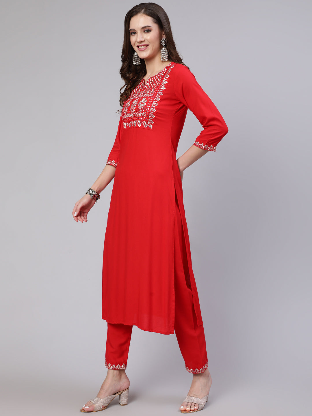 Red Embroidered Straight Kurta With Palazzo And Net Dupatta