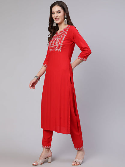 Red Embroidered Straight Kurta With Palazzo And Net Dupatta