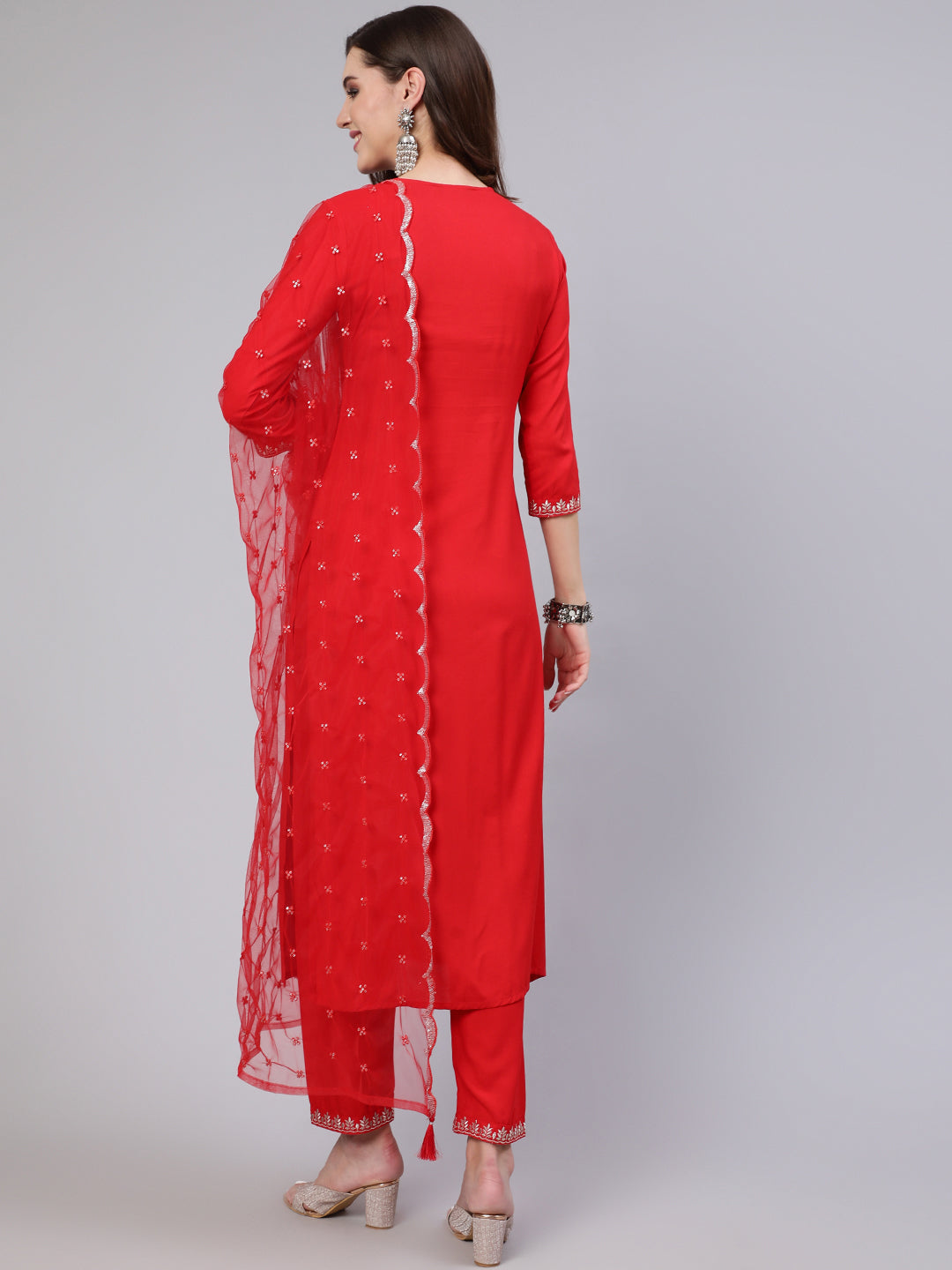Red Embroidered Straight Kurta With Palazzo And Net Dupatta