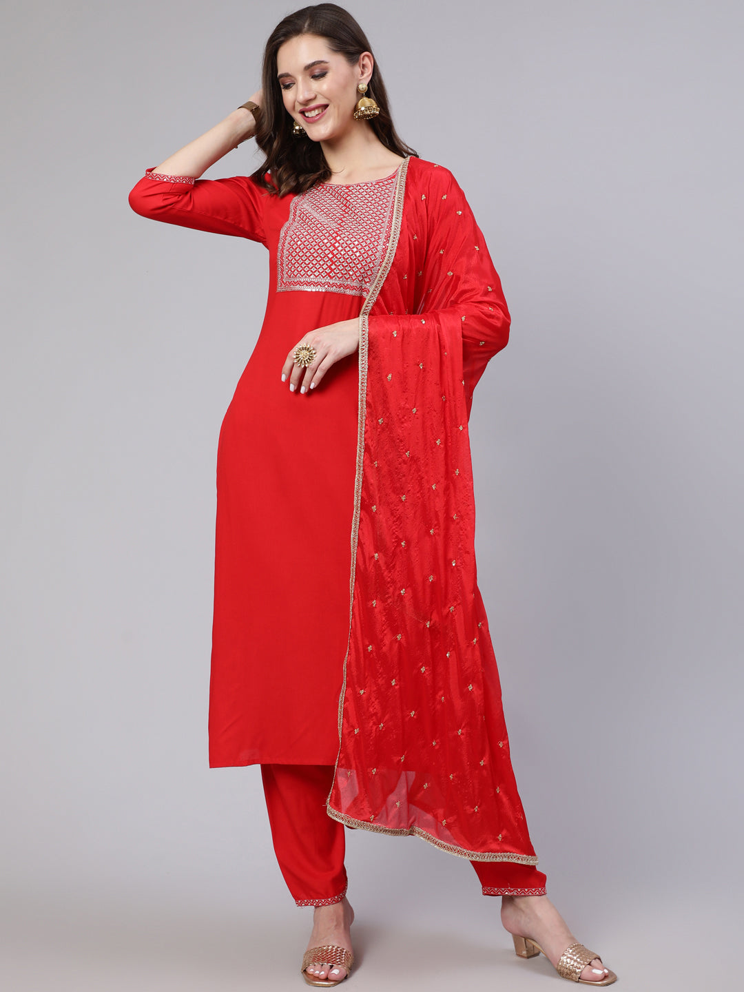 Red Embroidered Straight Kurta With Palazzo And Net Dupatta