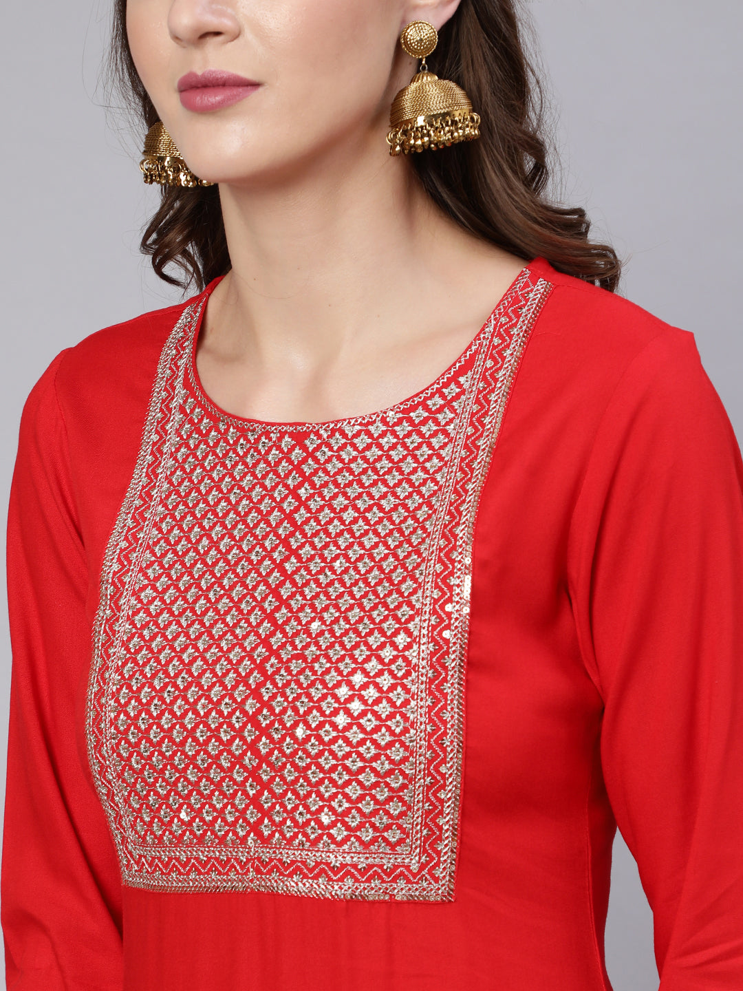 Red Embroidered Straight Kurta With Palazzo And Net Dupatta