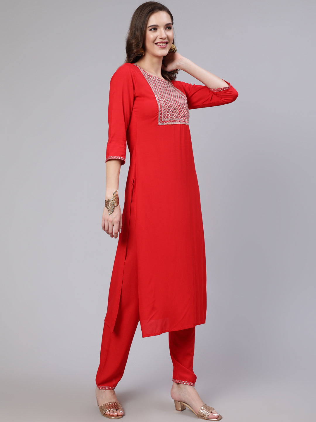 Red Embroidered Straight Kurta With Palazzo And Net Dupatta
